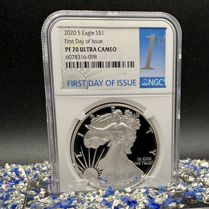 Proof 2020 (S) $1 American Silver Eagle NGC PF70UC First Day of Issue Blue Label (1 of 7,583) Mint Condition