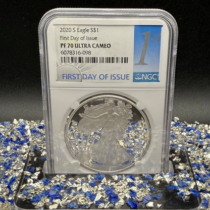 Proof 2020 (S) $1 American Silver Eagle NGC PF70UC First Day of Issue Blue Label (1 of 7,583) Mint Condition