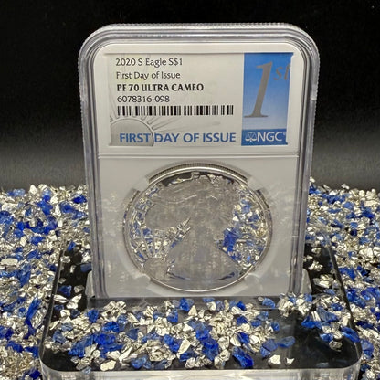 Proof 2020 (S) $1 American Silver Eagle NGC PF70UC First Day of Issue Blue Label (1 of 7,583) Mint Condition