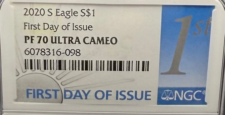 Proof 2020 (S) $1 American Silver Eagle NGC PF70UC First Day of Issue Blue Label (1 of 7,583) Mint Condition