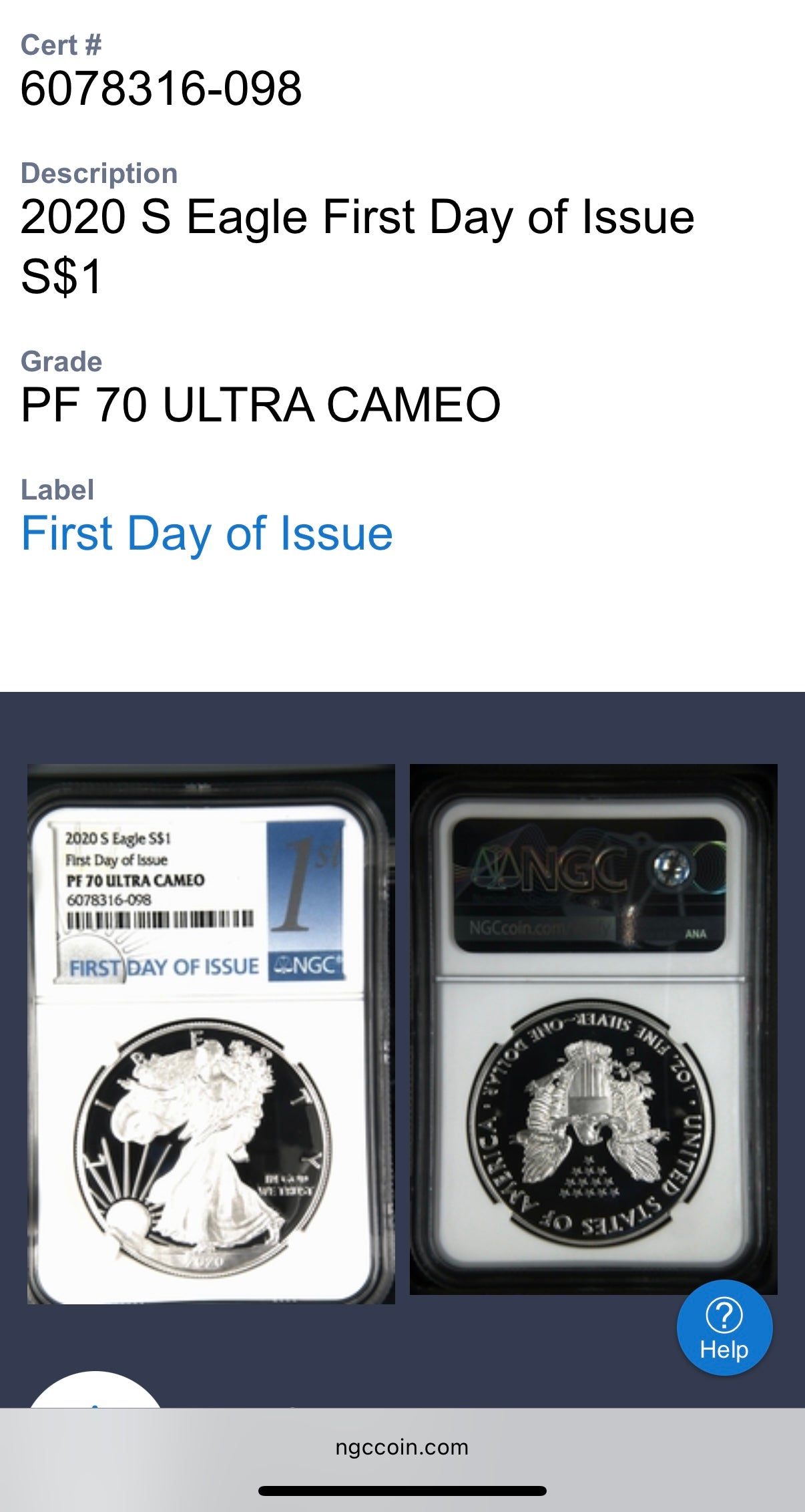 Proof 2020 (S) $1 American Silver Eagle NGC PF70UC First Day of Issue Blue Label (1 of 7,583) Mint Condition