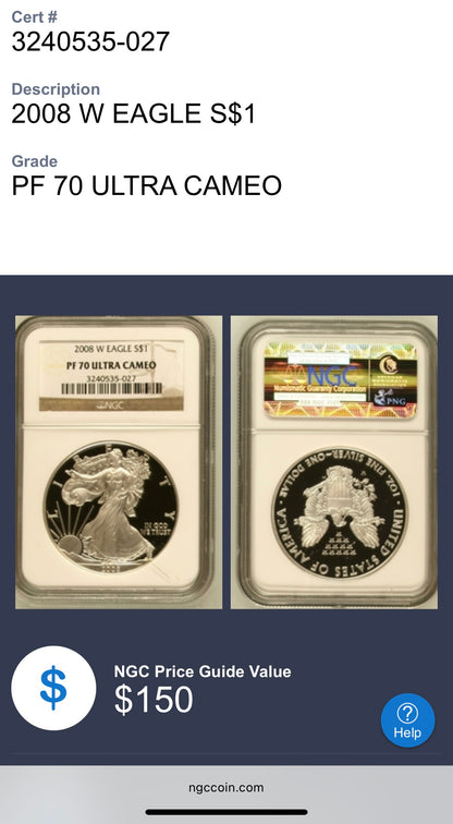 Proof 2008 (W) $1 American Silver Eagle NGC PF70UC Classic Brown Label (1 of 15,136)
