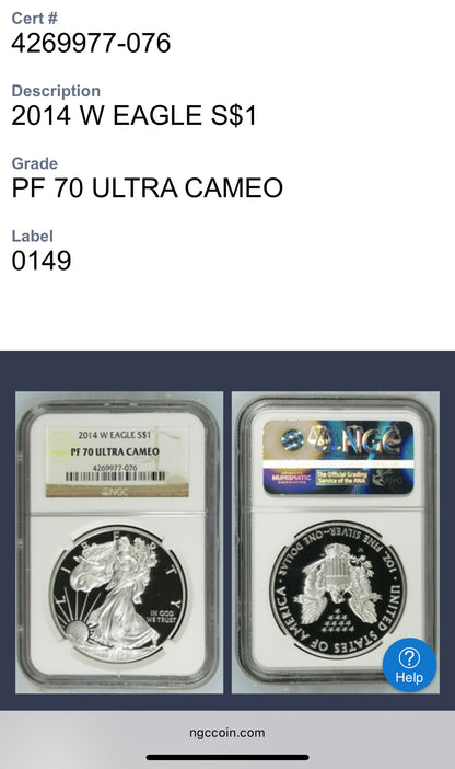 Proof 2014 (W) $1 American Silver Eagle NGC PF70 Classic Brown Label (1 of 9,425)