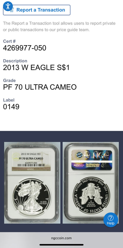 Proof 2013 (W) $1 American Silver Eagle NGC PF70 Classic Brown Label (1 of 8,802)