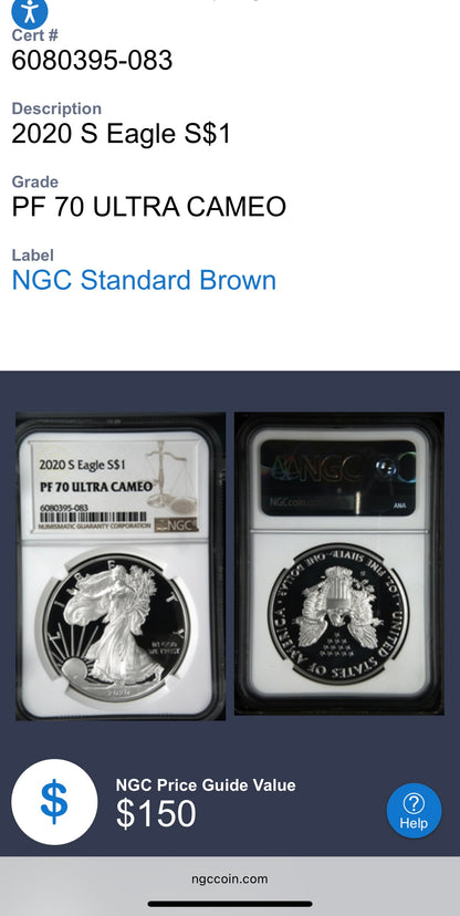 Proof 2020 (S) $1 American Silver Eagle NGC PF70UC Brown Label Spotless! (1 of 2,719)