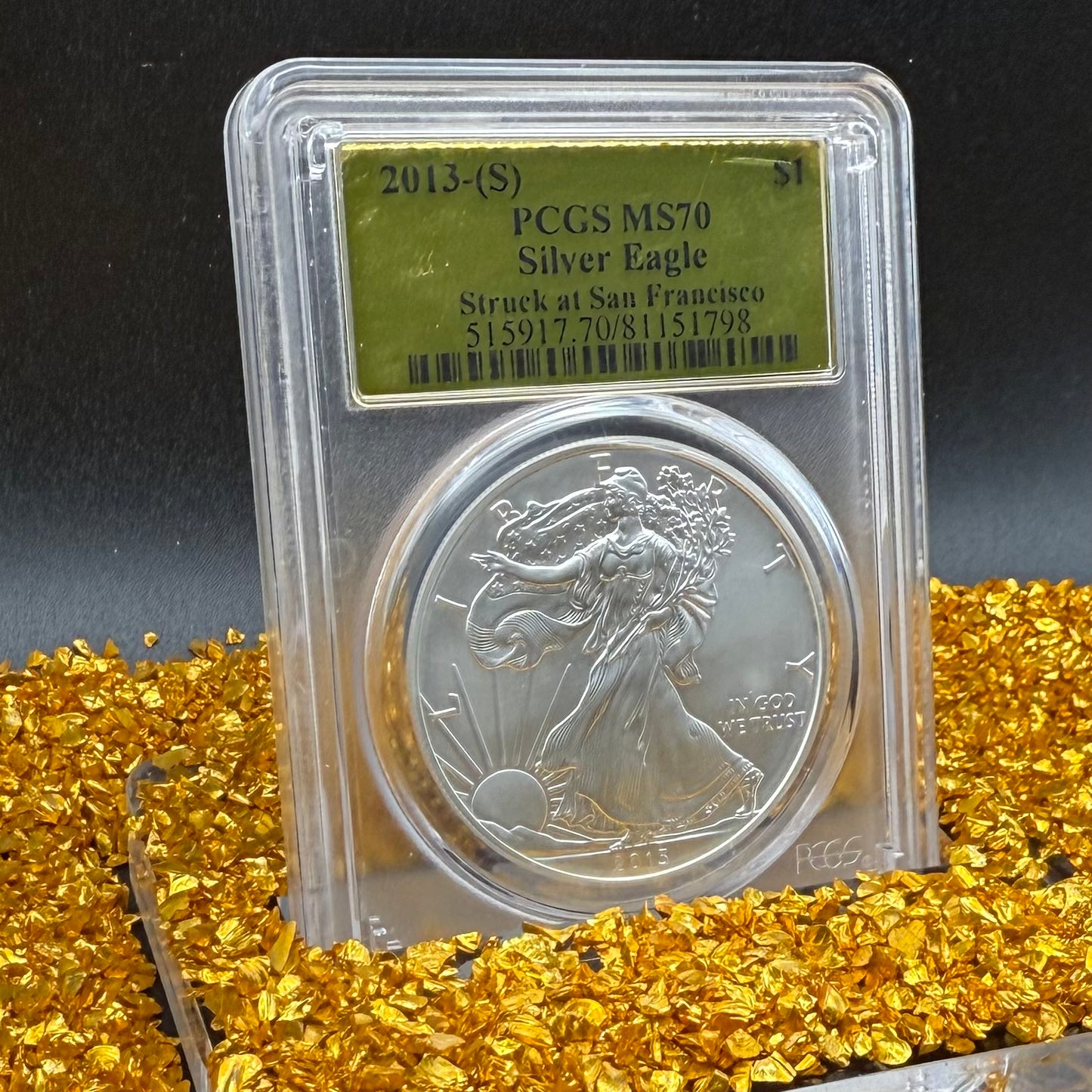 2013 $1 (S) American Silver Eagle PCGS MS70 San Francisco Struck Gold Foil Label (1 of 2,013)