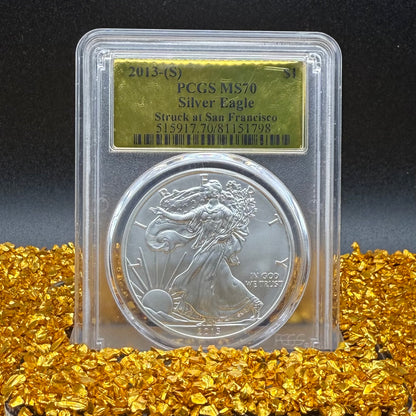 2013 $1 (S) American Silver Eagle PCGS MS70 San Francisco Struck Gold Foil Label (1 of 2,013)