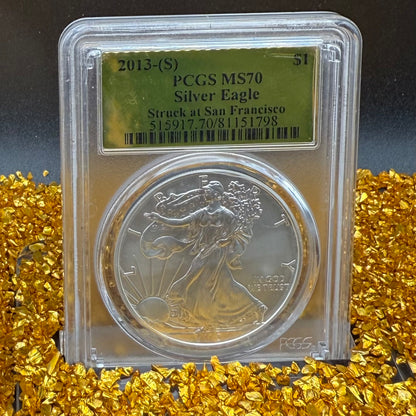 2013 $1 (S) American Silver Eagle PCGS MS70 San Francisco Struck Gold Foil Label (1 of 2,013)