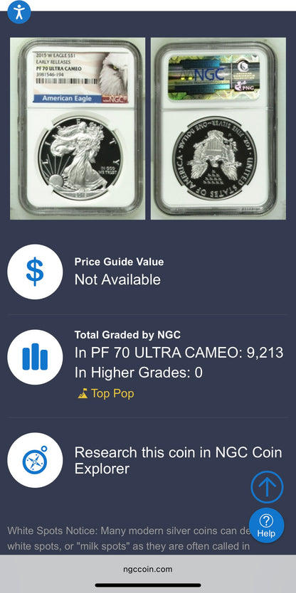 Proof 2015 (W) $1 American Silver Eagle NGC PF70 Early Releases Eagle Label Mint Condition (1 of 9,213)