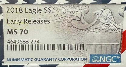 2018 $1 American Silver Eagle NGC MS70 Early Releases Ultra Rare Holder & Label Mint Condition