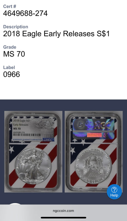 2018 $1 American Silver Eagle NGC MS70 Early Releases Ultra Rare Holder & Label Mint Condition