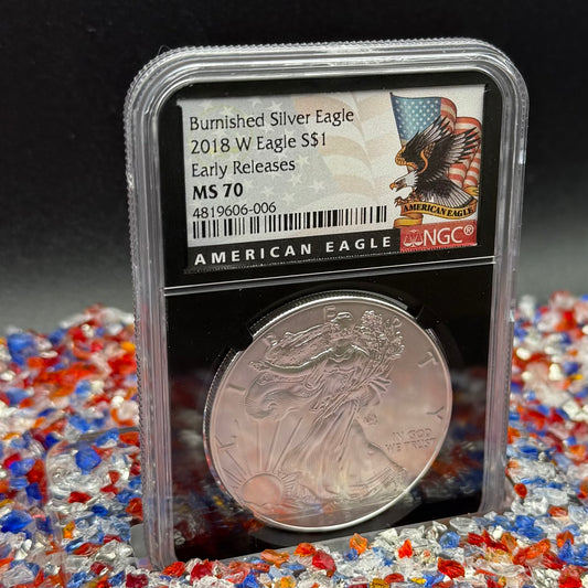 Burnished 2018 (W) $1 American Silver Eagle NGC MS70 Early Releases American Eagle Flag Label (1 of 3,383)