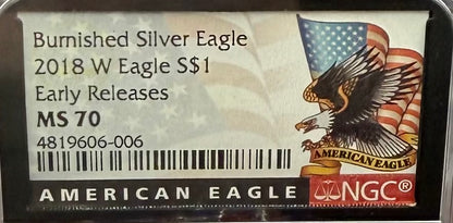 Burnished 2018 (W) $1 American Silver Eagle NGC MS70 Early Releases American Eagle Flag Label (1 of 3,383)