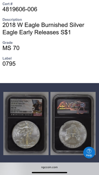 Burnished 2018 (W) $1 American Silver Eagle NGC MS70 Early Releases American Eagle Flag Label (1 of 3,383)