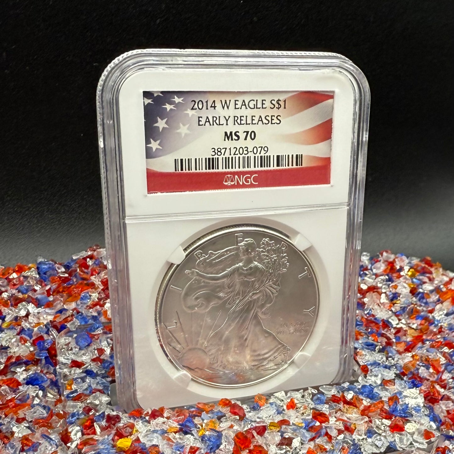 Burnished 2014 (W) $1 American Silver Eagle NGC MS70 Early Releases American Flag Label (1 of 6,552)