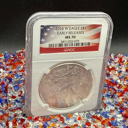 Burnished 2014 (W) $1 American Silver Eagle NGC MS70 Early Releases American Flag Label (1 of 6,552)