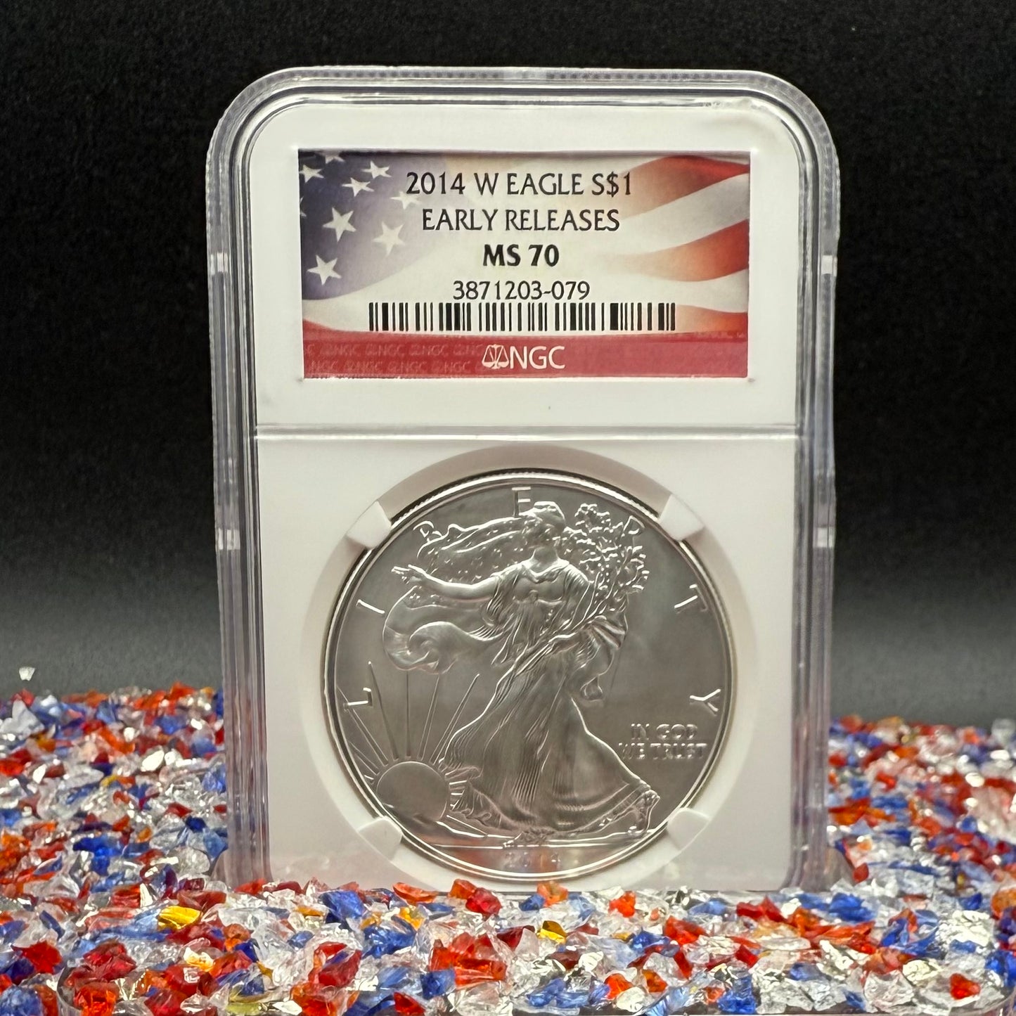 Burnished 2014 (W) $1 American Silver Eagle NGC MS70 Early Releases American Flag Label (1 of 6,552)