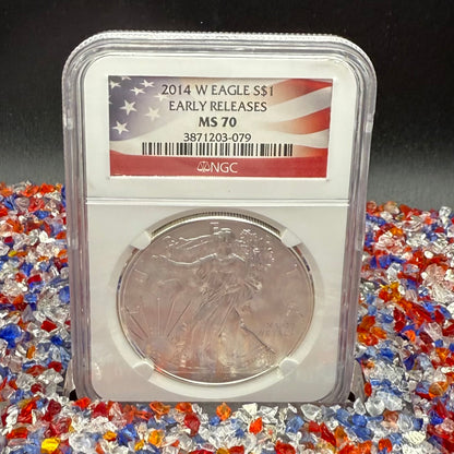 Burnished 2014 (W) $1 American Silver Eagle NGC MS70 Early Releases American Flag Label (1 of 6,552)