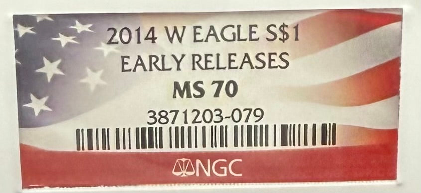 Burnished 2014 (W) $1 American Silver Eagle NGC MS70 Early Releases American Flag Label (1 of 6,552)