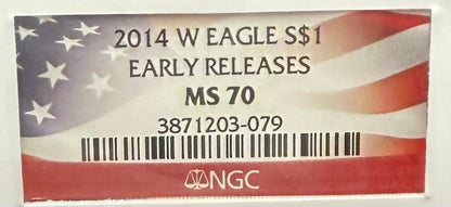 Burnished 2014 (W) $1 American Silver Eagle NGC MS70 Early Releases American Flag Label (1 of 6,552)