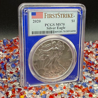 2020 $1 American Silver Eagle PCGS MS70 First Strike American Flag Label Blue Holder Mint Condition