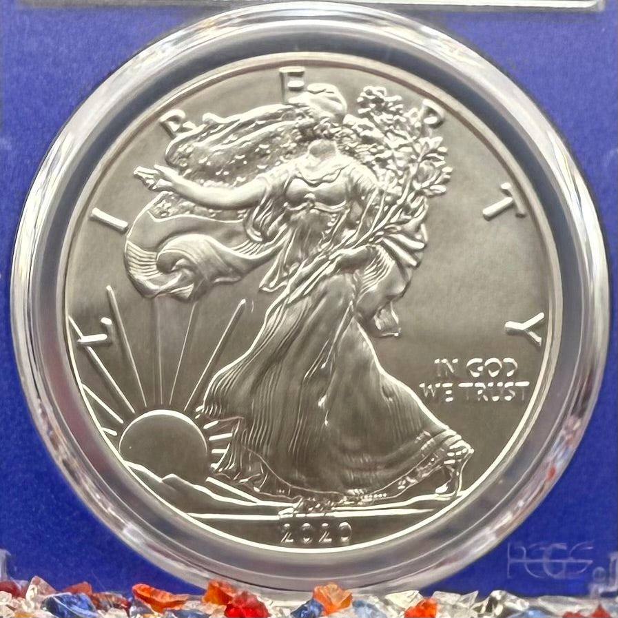 2020 $1 American Silver Eagle PCGS MS70 First Strike American Flag Label Blue Holder Mint Condition
