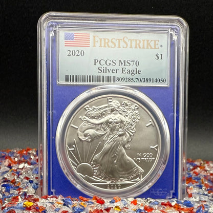 2020 $1 American Silver Eagle PCGS MS70 First Strike American Flag Label Blue Holder Mint Condition