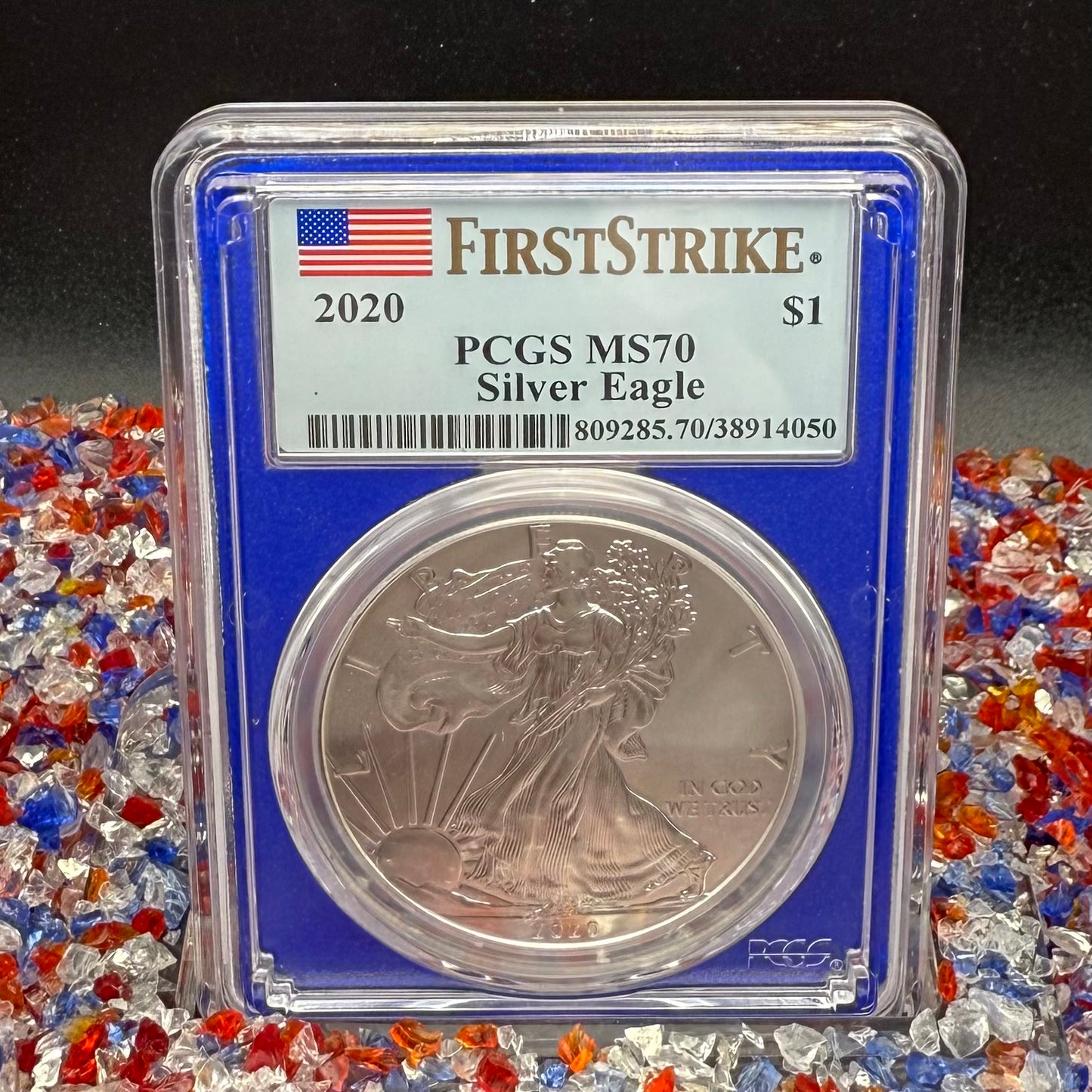 2020 $1 American Silver Eagle PCGS MS70 First Strike American Flag Label Blue Holder Mint Condition