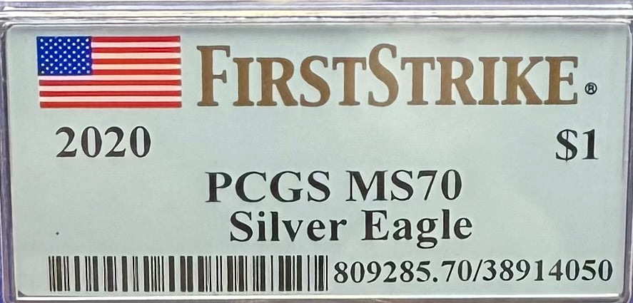 2020 $1 American Silver Eagle PCGS MS70 First Strike American Flag Label Blue Holder Mint Condition