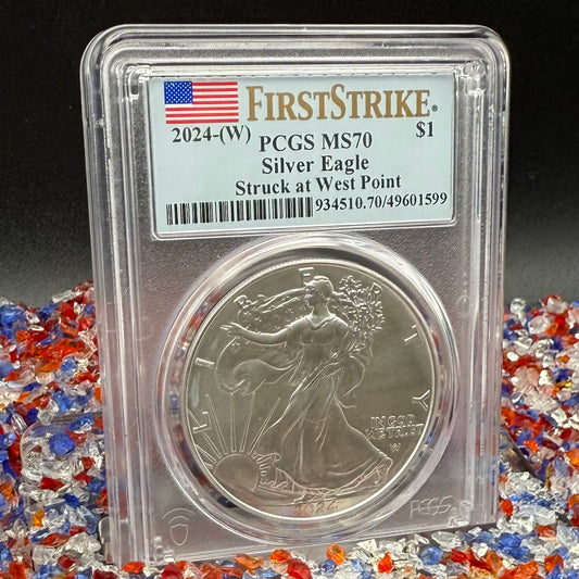 2024 $1 American Silver Eagle PCGS MS70 First Strike American Flag Anti-Fraud Security Chipped Mint Condition