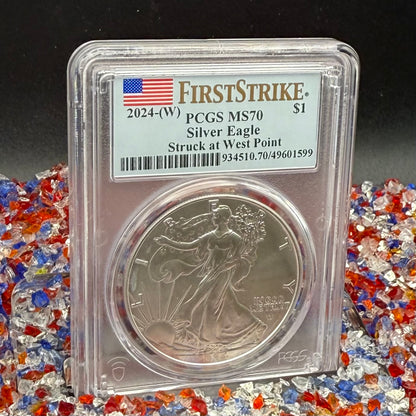 2024 $1 American Silver Eagle PCGS MS70 First Strike American Flag Anti-Fraud Security Chipped Mint Condition