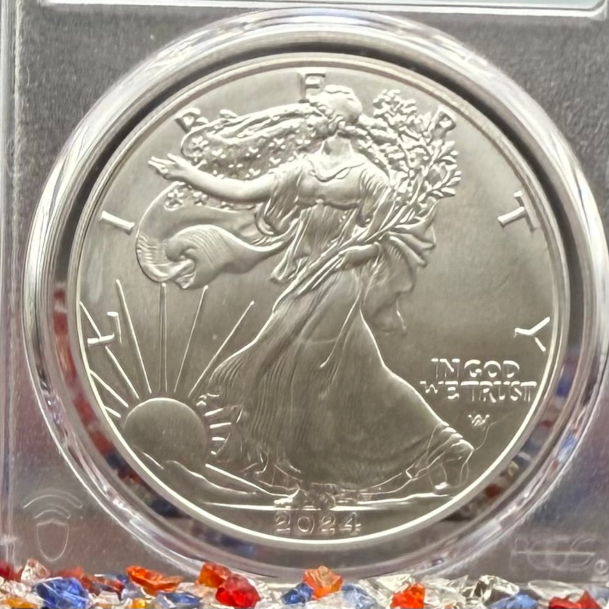 2024 $1 American Silver Eagle PCGS MS70 First Strike American Flag Anti-Fraud Security Chipped Mint Condition