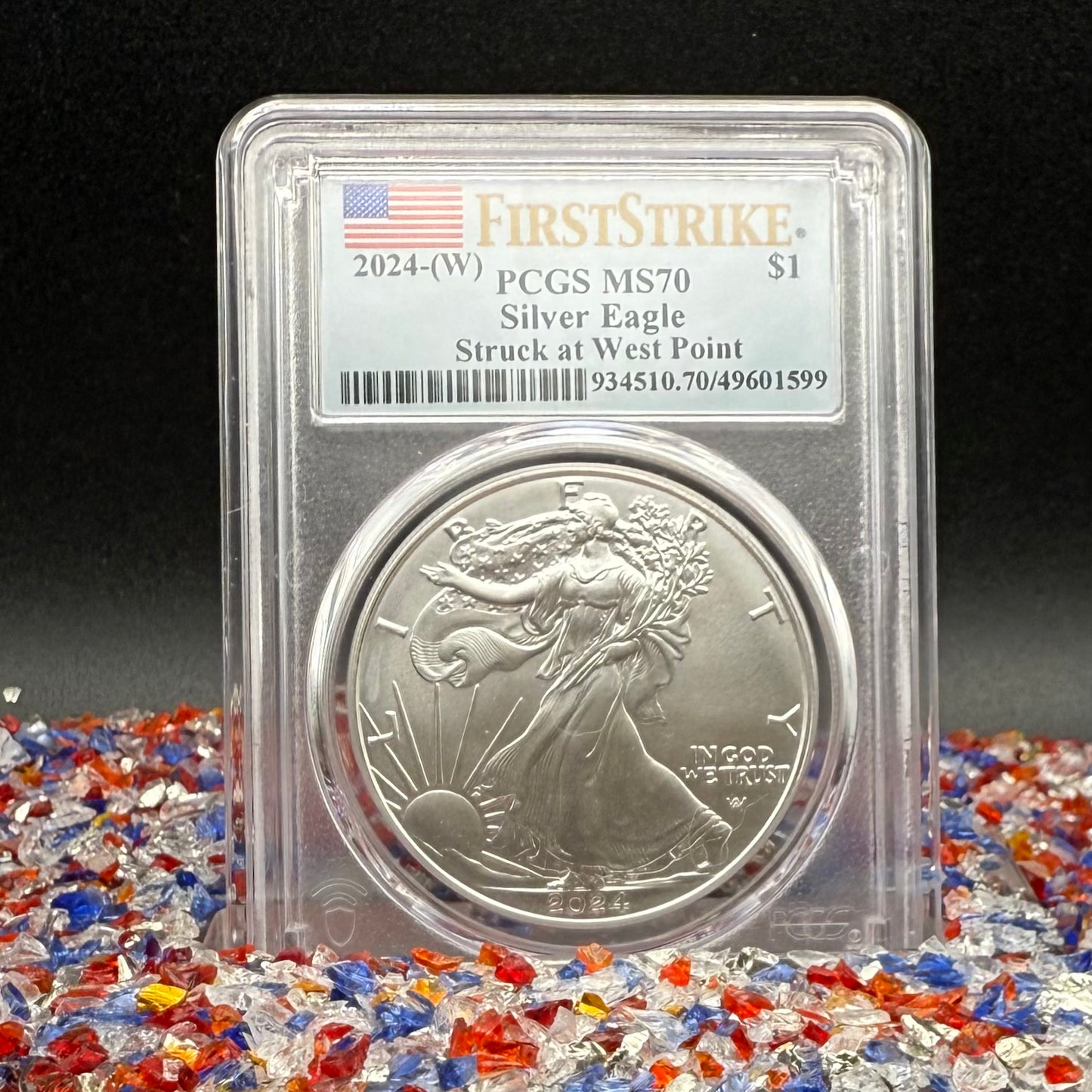 2024 $1 American Silver Eagle PCGS MS70 First Strike American Flag Anti-Fraud Security Chipped Mint Condition