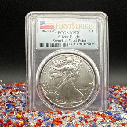 2024 $1 American Silver Eagle PCGS MS70 First Strike American Flag Anti-Fraud Security Chipped Mint Condition