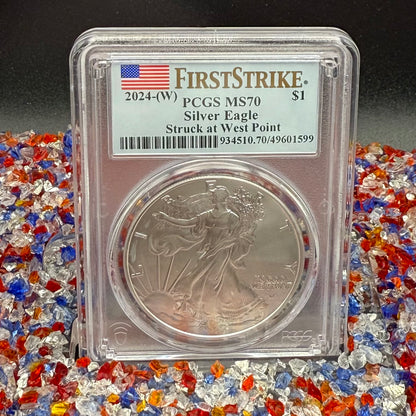 2024 $1 American Silver Eagle PCGS MS70 First Strike American Flag Anti-Fraud Security Chipped Mint Condition