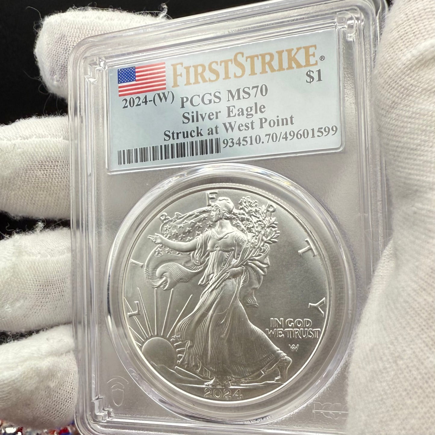 2024 $1 American Silver Eagle PCGS MS70 First Strike American Flag Anti-Fraud Security Chipped Mint Condition