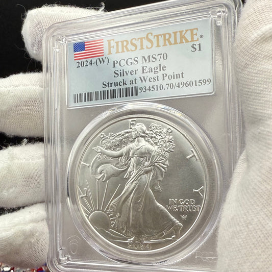 2024 $1 American Silver Eagle PCGS MS70 First Strike American Flag Anti-Fraud Security Chipped Mint Condition