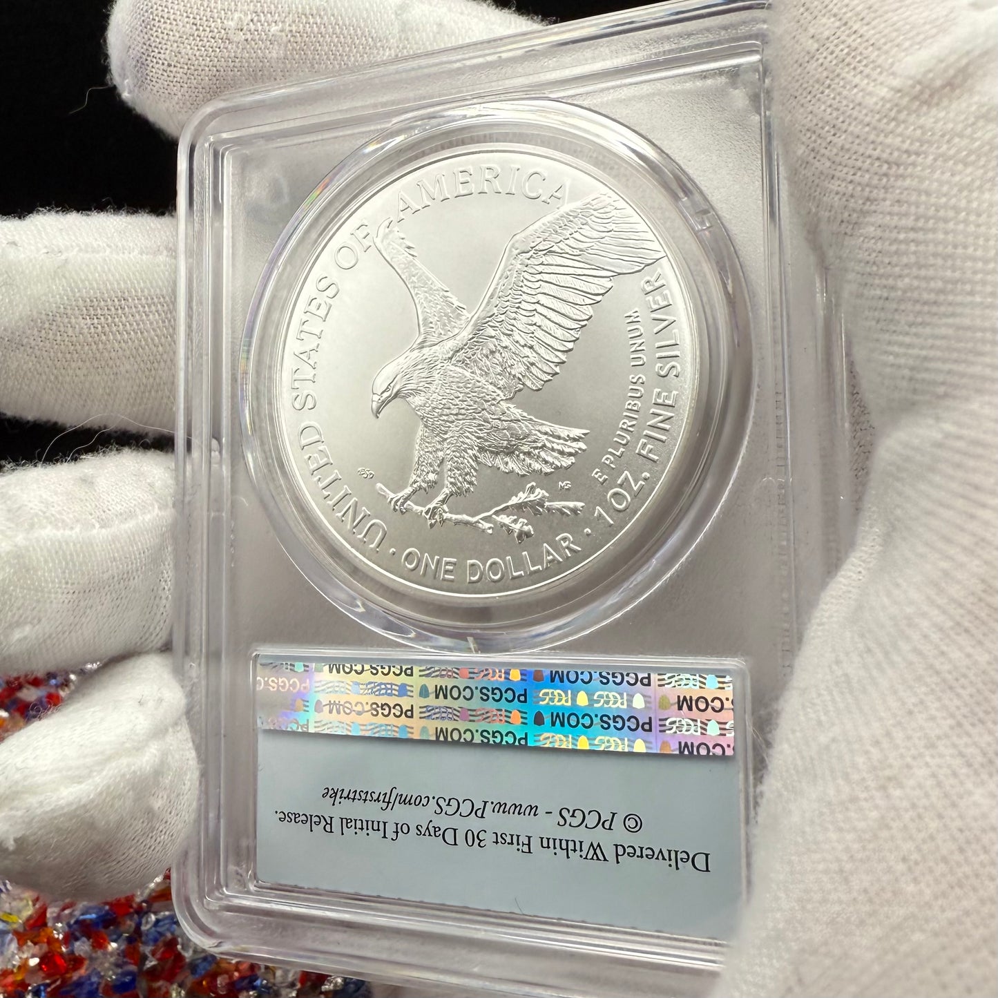 2024 $1 American Silver Eagle PCGS MS70 First Strike American Flag Anti-Fraud Security Chipped Mint Condition