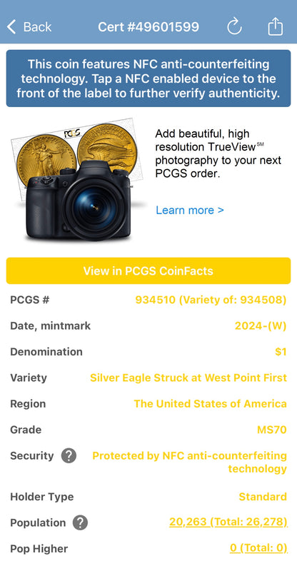 2024 $1 American Silver Eagle PCGS MS70 First Strike American Flag Anti-Fraud Security Chipped Mint Condition