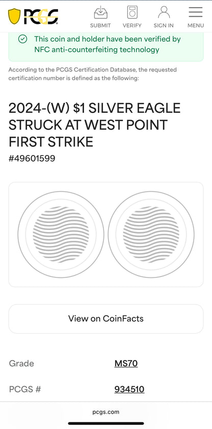 2024 $1 American Silver Eagle PCGS MS70 First Strike American Flag Anti-Fraud Security Chipped Mint Condition