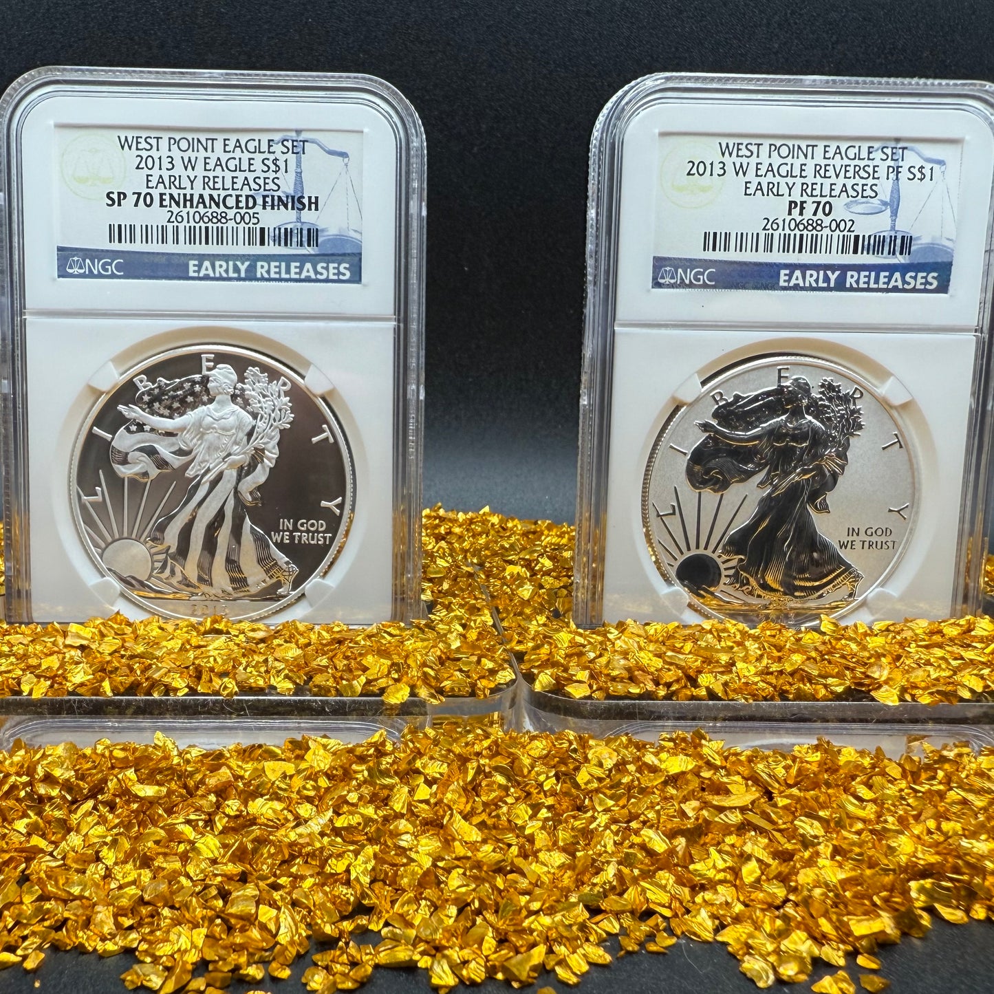 Reverse Proof & Enhanced Finish (2 Coin Set) 2013 (W) $1 American Silver Eagle NGC PF70 Early Releases White Core Holder Classic Blue Label