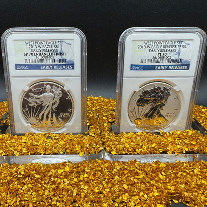 Reverse Proof & Enhanced Finish (2 Coin Set) 2013 (W) $1 American Silver Eagle NGC PF70 Early Releases White Core Holder Classic Blue Label