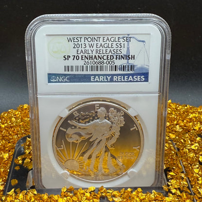 Reverse Proof & Enhanced Finish (2 Coin Set) 2013 (W) $1 American Silver Eagle NGC PF70 Early Releases White Core Holder Classic Blue Label