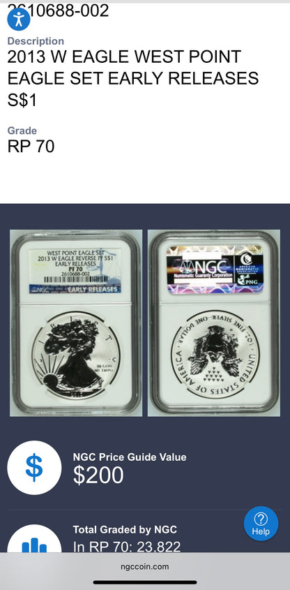 Reverse Proof & Enhanced Finish (2 Coin Set) 2013 (W) $1 American Silver Eagle NGC PF70 Early Releases White Core Holder Classic Blue Label