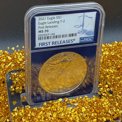 2021 T-2 $1 American Silver Eagle NGC MS70 First Releases Classic Blue Label in Blue Foil Holder Rare!