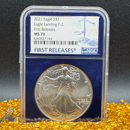 2021 T-2 $1 American Silver Eagle NGC MS70 First Releases Classic Blue Label in Blue Foil Holder Rare!