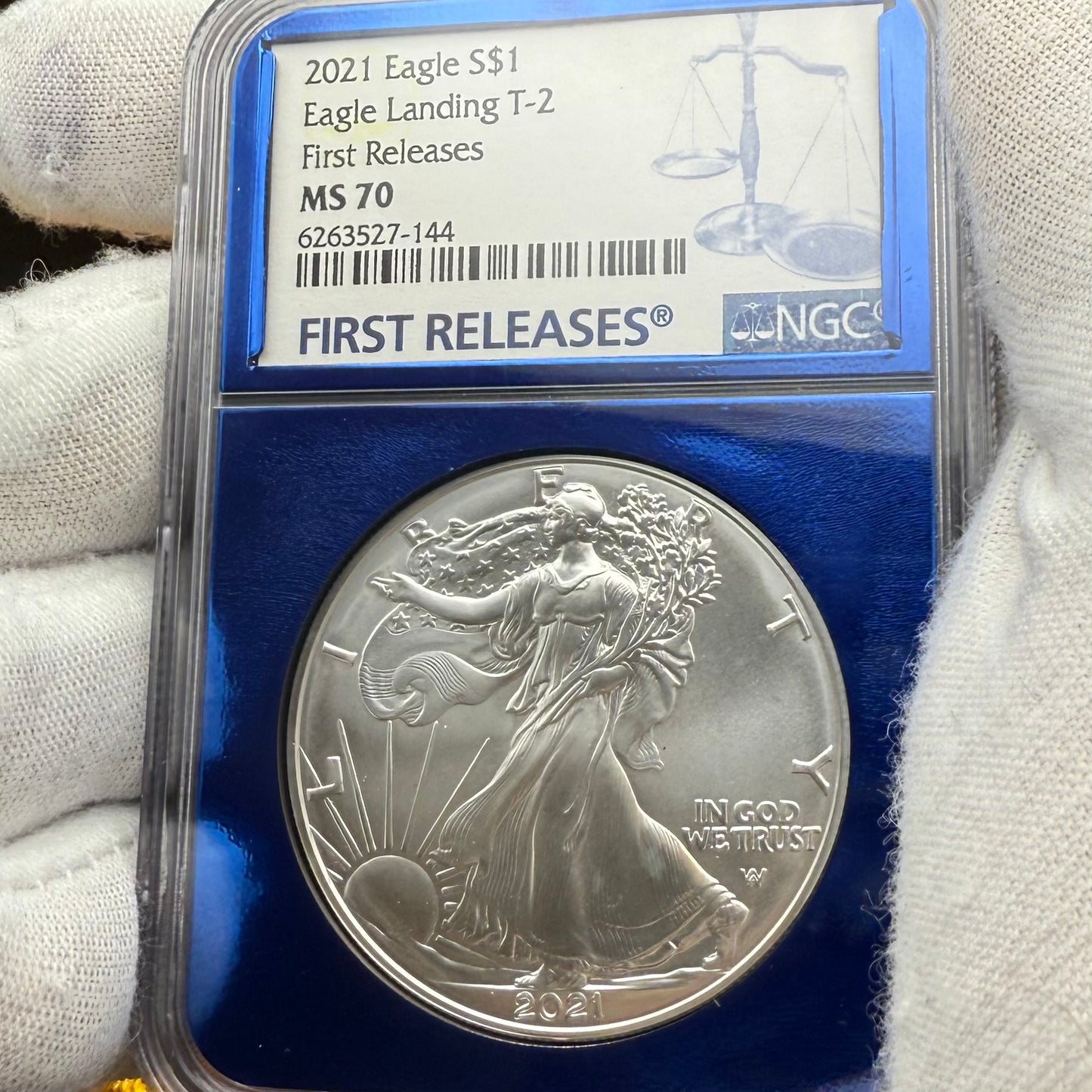 2021 T-2 $1 American Silver Eagle NGC MS70 First Releases Classic Blue Label in Blue Foil Holder Rare!
