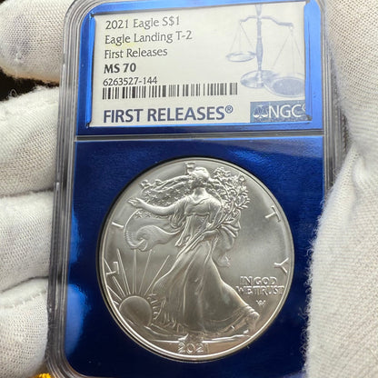 2021 T-2 $1 American Silver Eagle NGC MS70 First Releases Classic Blue Label in Blue Foil Holder Rare!