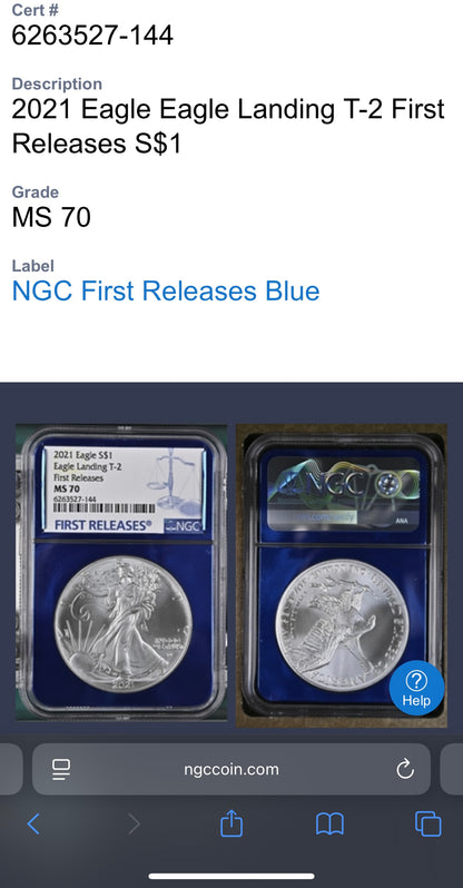 2021 T-2 $1 American Silver Eagle NGC MS70 First Releases Classic Blue Label in Blue Foil Holder Rare!
