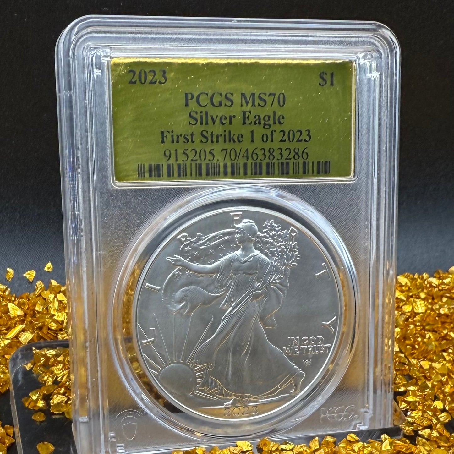 2023 $1 (W) American Silver Eagle PCGS MS70 First Strike Gold Foil Label (Rare 1 of 2,023)